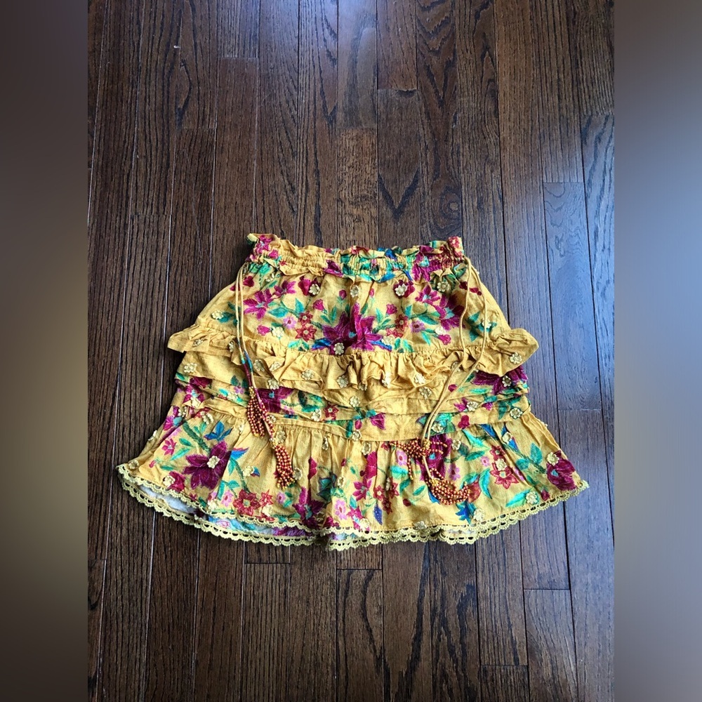 FARM Rio Women’s XS Burnt Yellow "Flower Dream" Tiered Floral Cotton Mini-Skirt - Picture 4 of 9